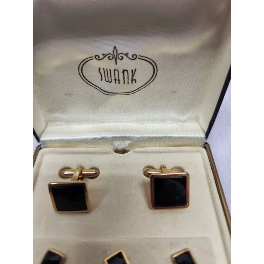 Swank Vintage Gold Tone Black Onyx Cufflinks & 3 Shirt Studs Set w/ Box